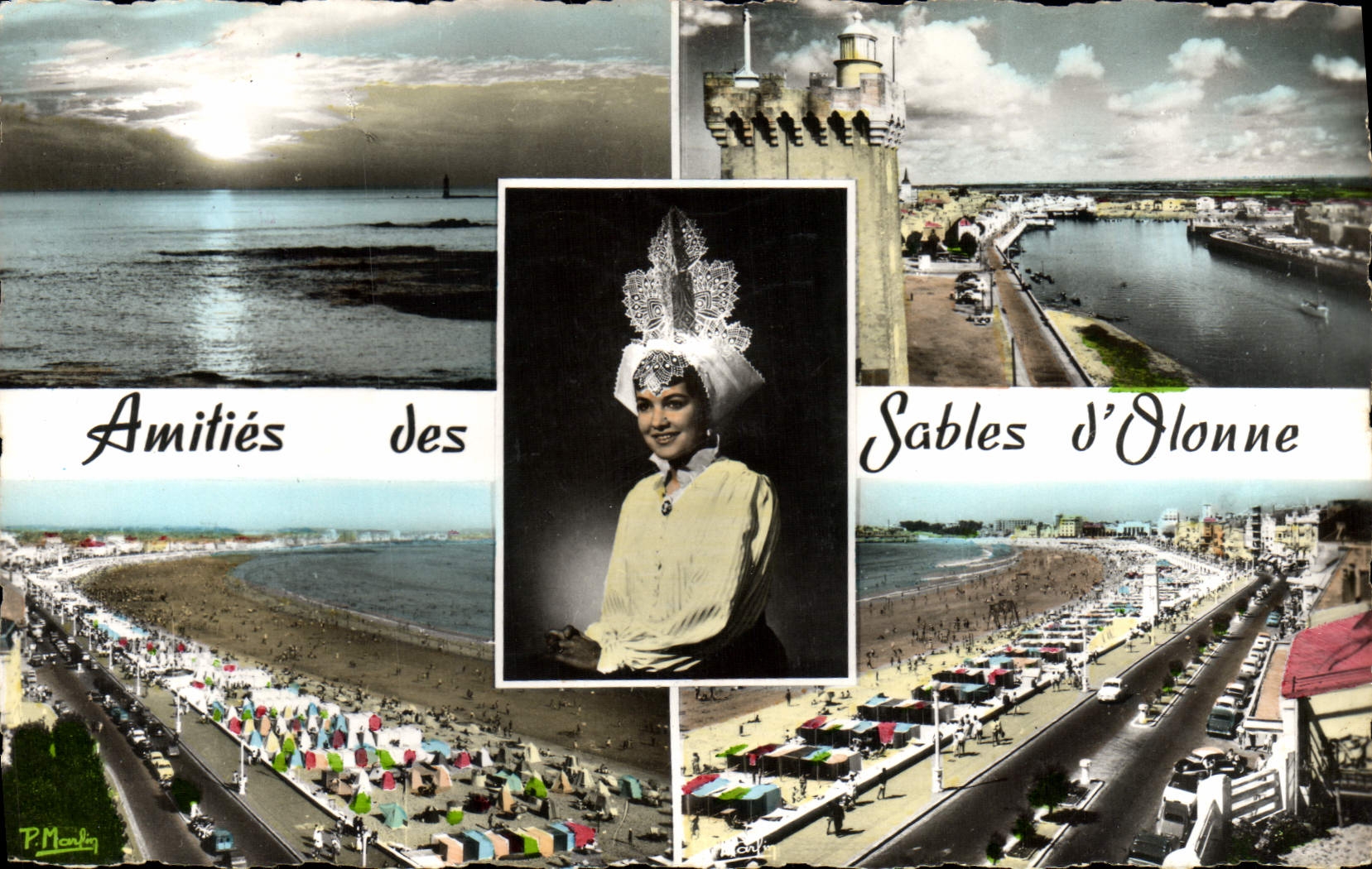 Sables d'Olonne — vue de la plage, du phare et d'une femme en costume local — éditeur P. Marlin, n° 145