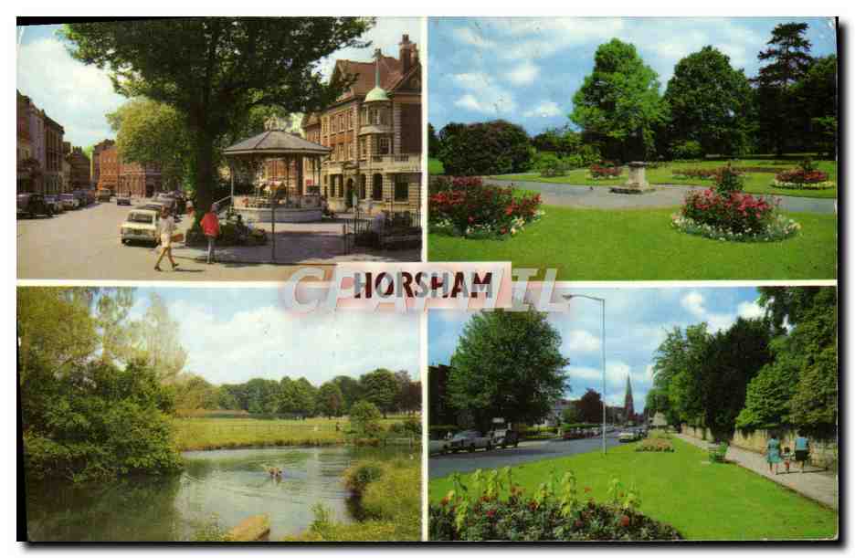 Horsham — vue panoramique — Carfax and the Bandstand, The Rose Garden, The Lake, North Street — éditeur PLC3596 - Anverso