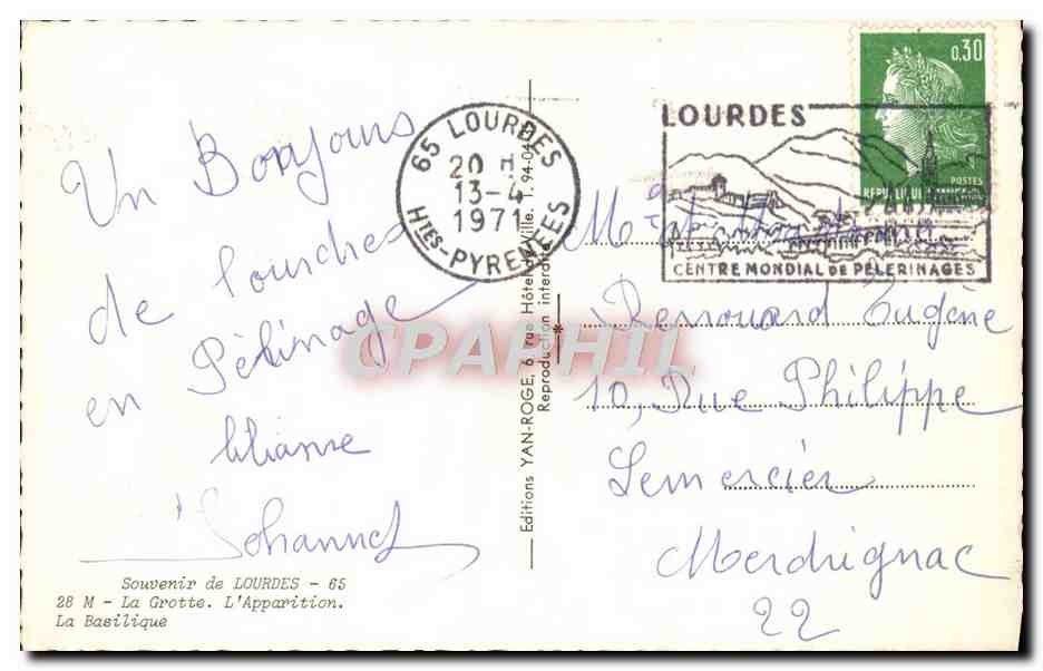 CPM Souvenir De Lourdes La grotte L'apparition La basilique — Verso