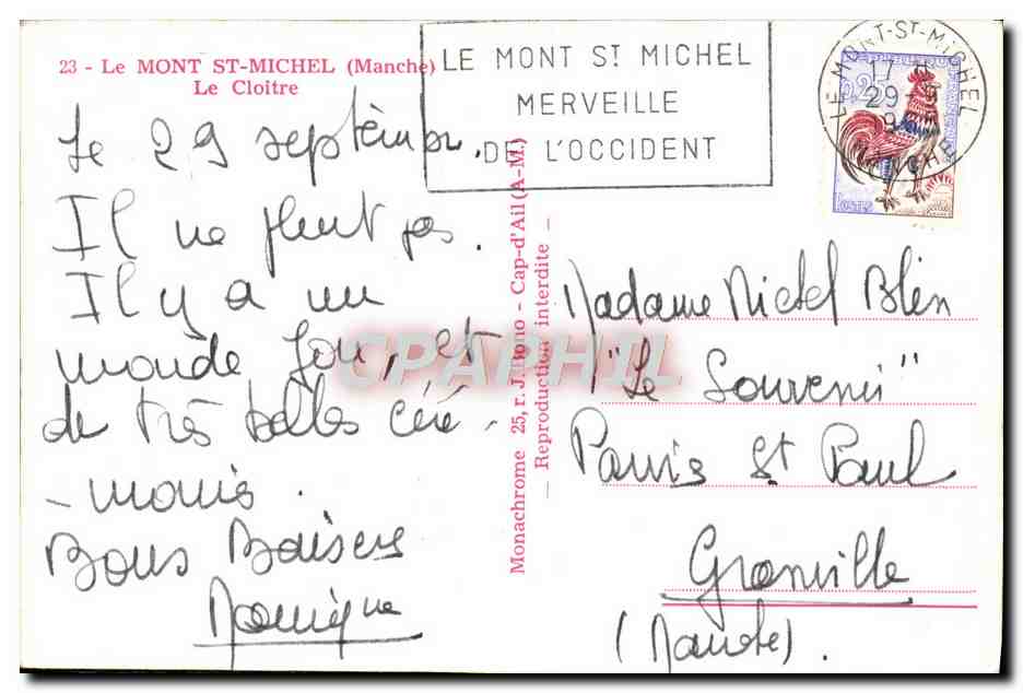 CPM Le Mont St Michel Le Cloitre — Verso