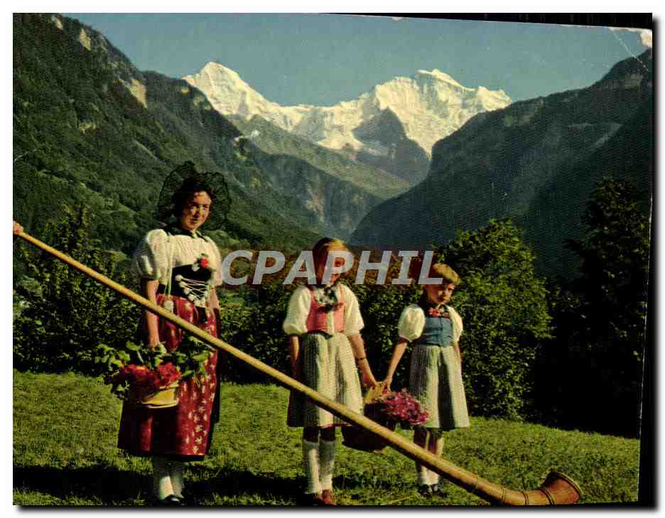 CPM Alphornblaser Mit Trachtengruppe Monch Und Jungfrau Folklore