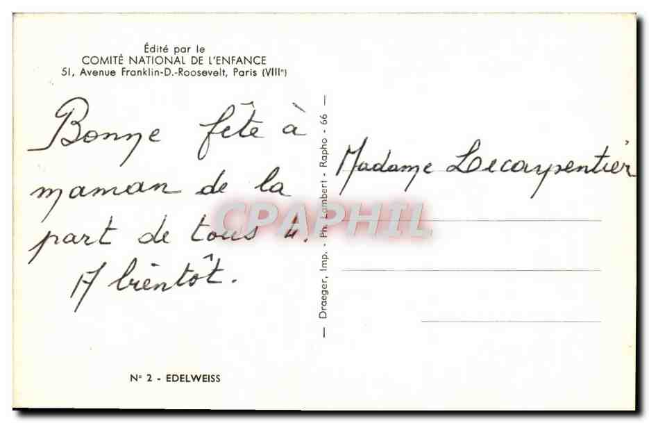 CPM Comite National De l'Enfance avenue Franklin Paris Edelweiss — Rückseite