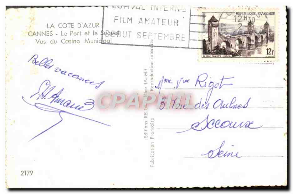 CPM La Cote d'Azur Cannes Le Port Et Le Suque Vus Du Casino Munidipal — Verso