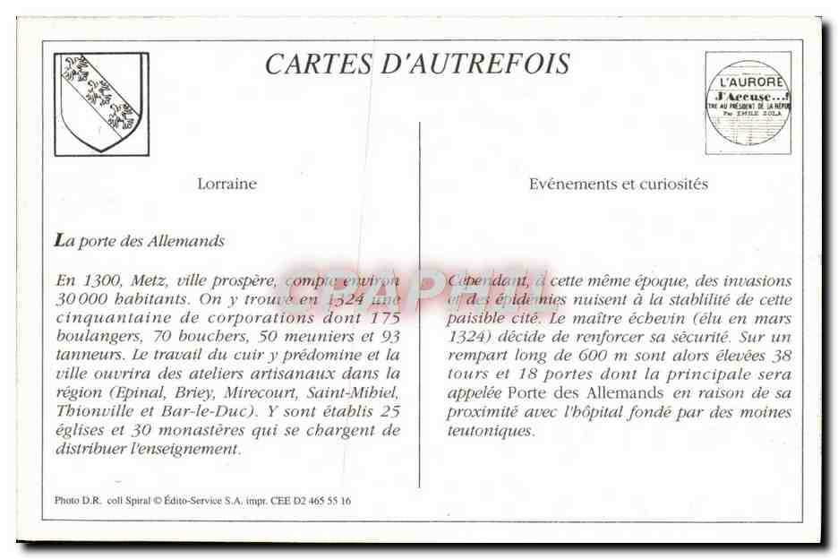 Metz - Porte des Allemands et Anciens Remparts — Éditeur Édito-Service S.A., n° série D2 465 55 16 — Rückseite