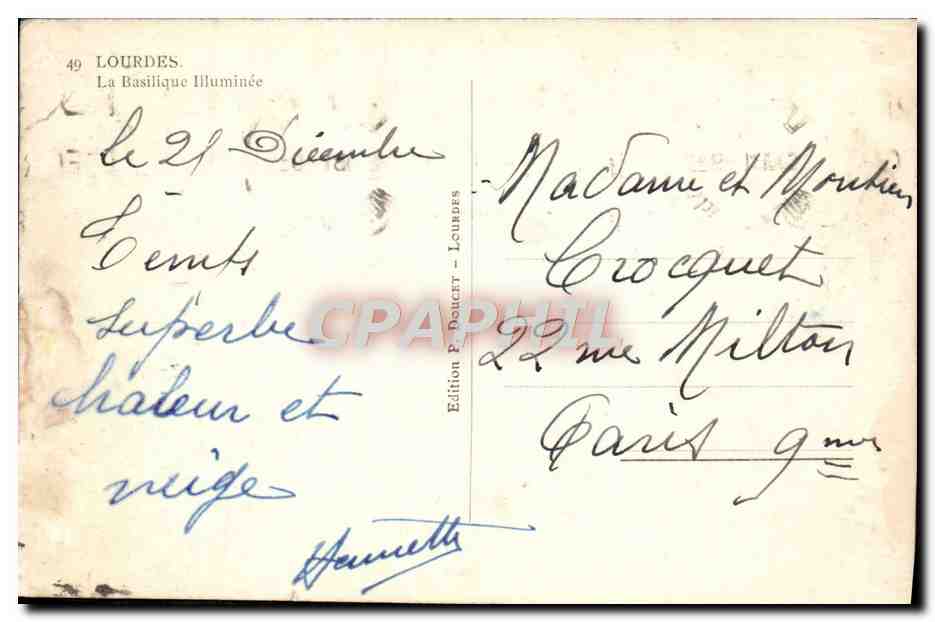 CPA Lourdes La basilique illuminee — Verso