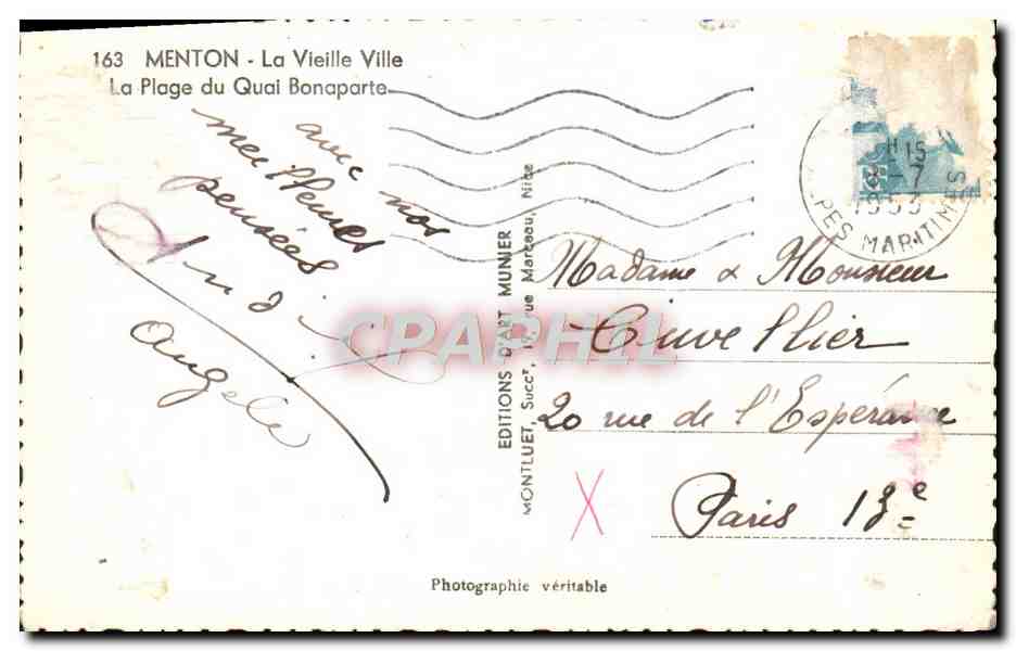 CPM Menton La Vieille Ville La Plage du Quai Bonaparte — Rückseite