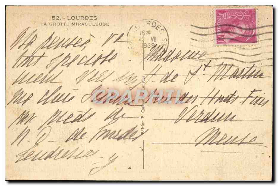 CPA Lourdes La Grotte Miraculeuse — Verso
