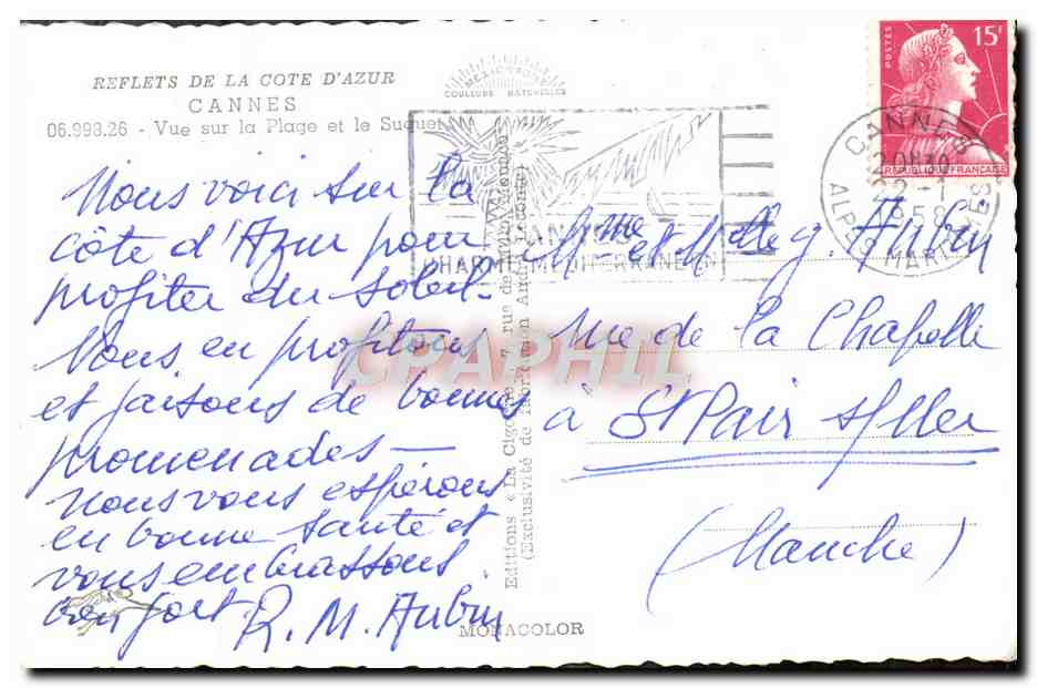 CPM Cannes Vue Sur la Plage et le Suquet — Verso