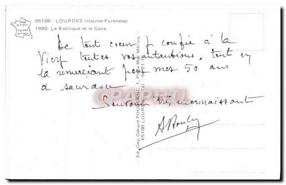 CPM Lourdes Le Basilique et le Gave — Verso