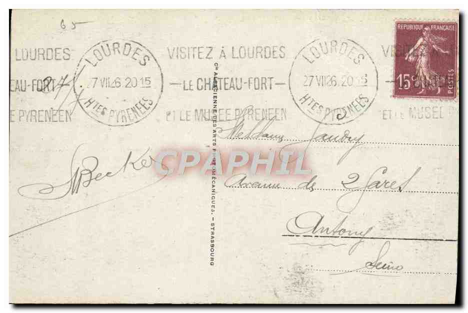 CPA Lourdes Le Chateau Fort et les Montagnes — Verso