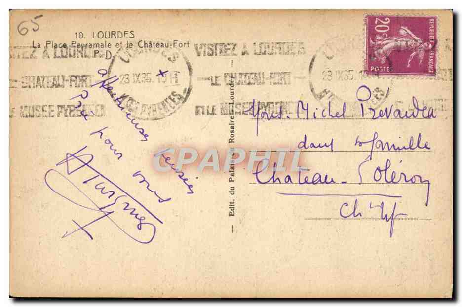 CPA Lourdes La playe Peyramale et le chateau fort — Verso