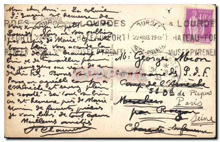 CPA Lourdes Les escaliers de la basilique  — Verso