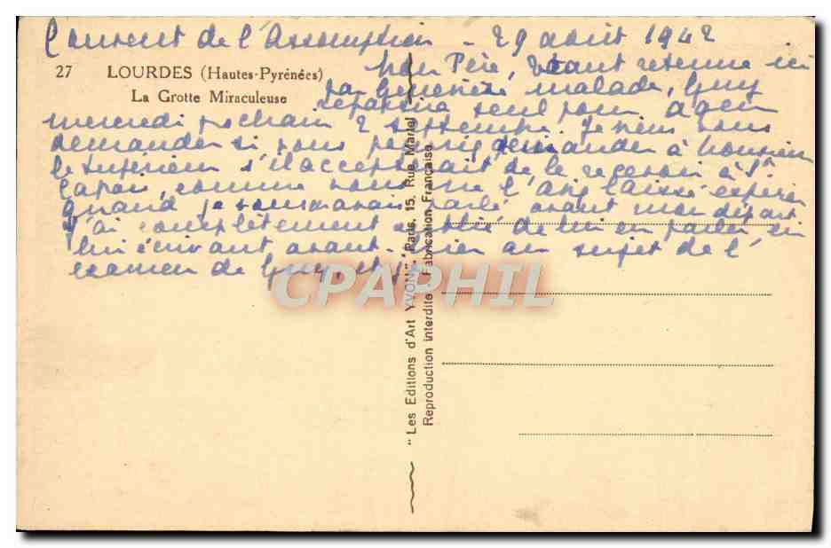 CPA Lourdes La Grotte Miraculeuse — Verso