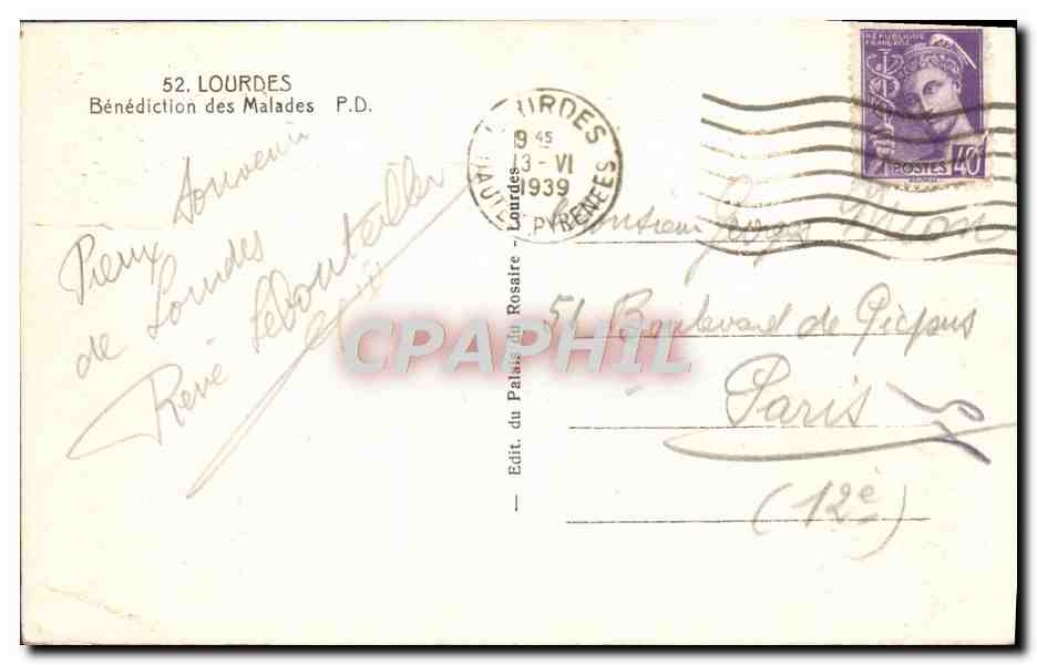 CPA Lourdes Benediction des malades — Verso