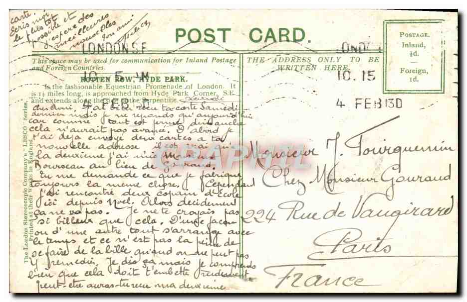 CPA London Rotten Row Chevaux Hippisme — Verso