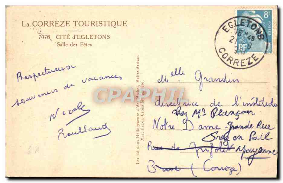 CPA Cite D'Egletons Salle des Fetes — Rückseite