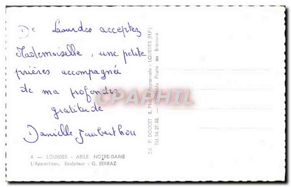CPM Lourdes Asile Notre Dame L'apparition Serraz — Verso