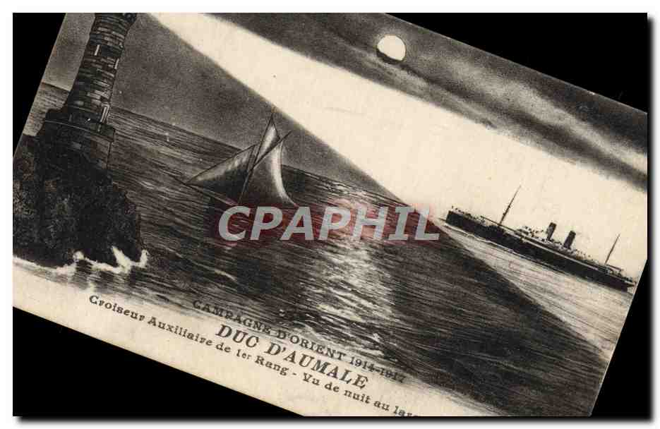 CPA Duc D'Aumale Croiseur Auxiliaire de 1er rang Vu de nuit au large de Corfou Bateau 