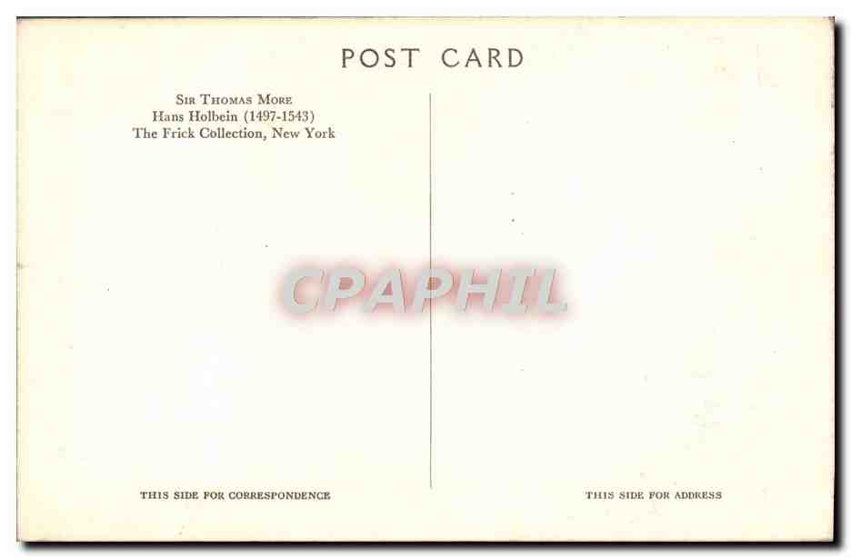 CPA Sir Thomas More Hans Holbein New York — Verso