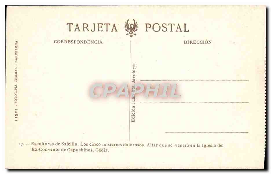 Esculturas de Salcillo — Los cinco misterios dolorosos — Altar que se venera en la Iglesia del Ex-Convento de Capuchinos, Cádiz — Edición Juan Javoyes — Verso