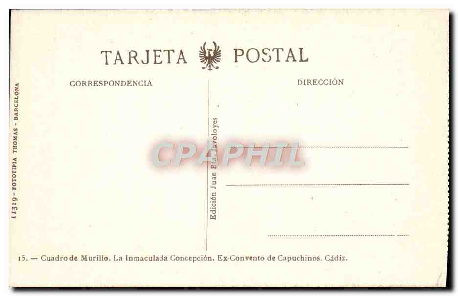 CPA Cadiz Cuadro de Murilla Convento de Capuchinos  — Back