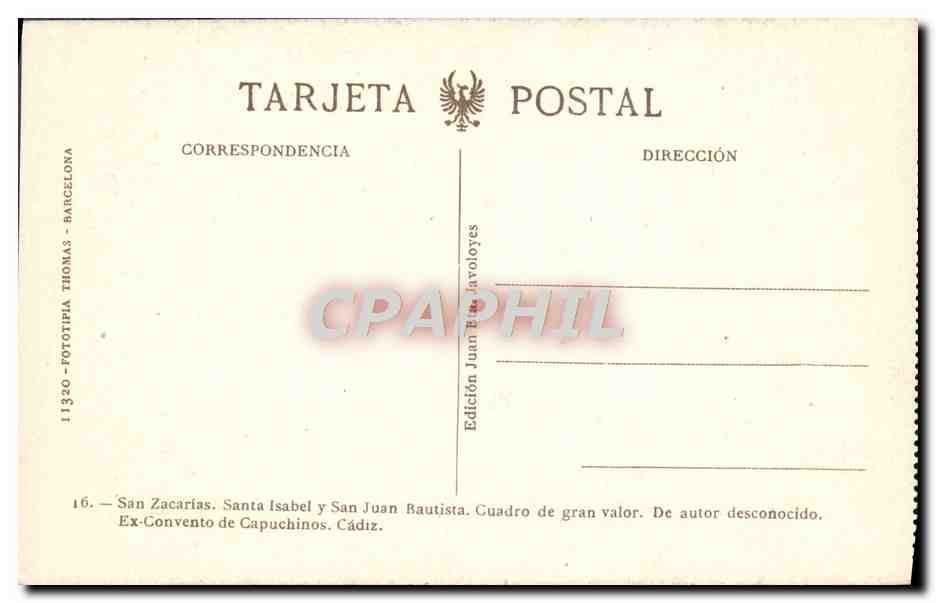 CPA San Zacarias Convento de Capuchinos Cadiz — Verso