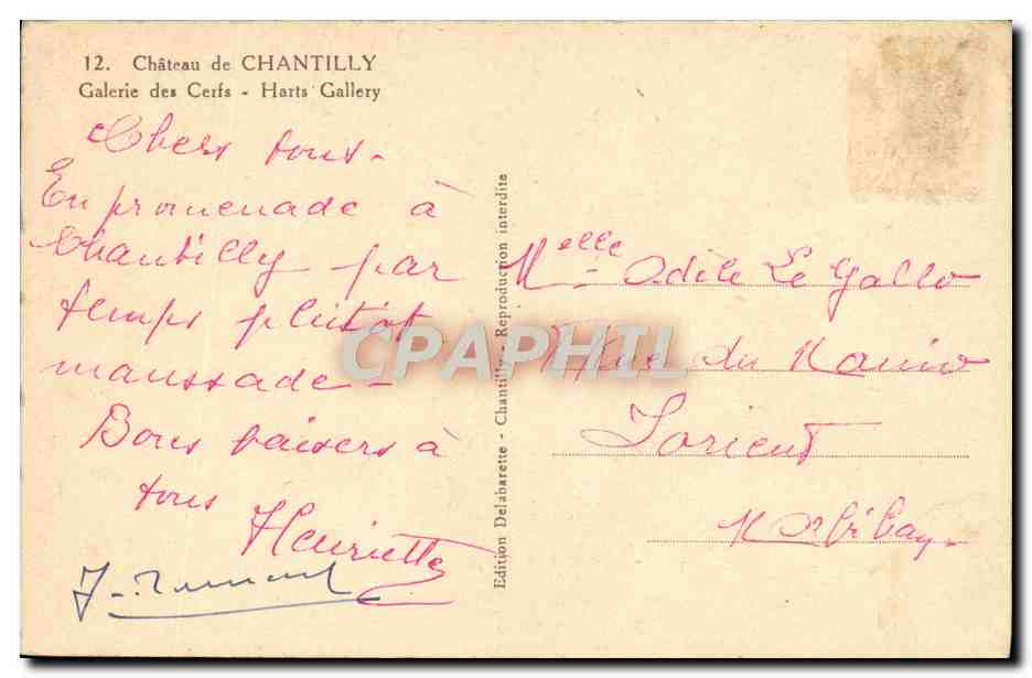 CPA Chateau De Chantilly Galerie Des Cerfs — Verso
