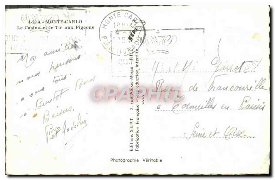 CPM Monte Carlo Le Casino Et Le Tir Aux Pigeons — Rückseite