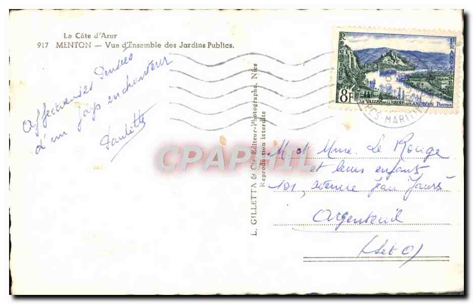 CPA La Cote d'Azur Menton Vue d'Ensemble Des Jardins Publics — Rückseite