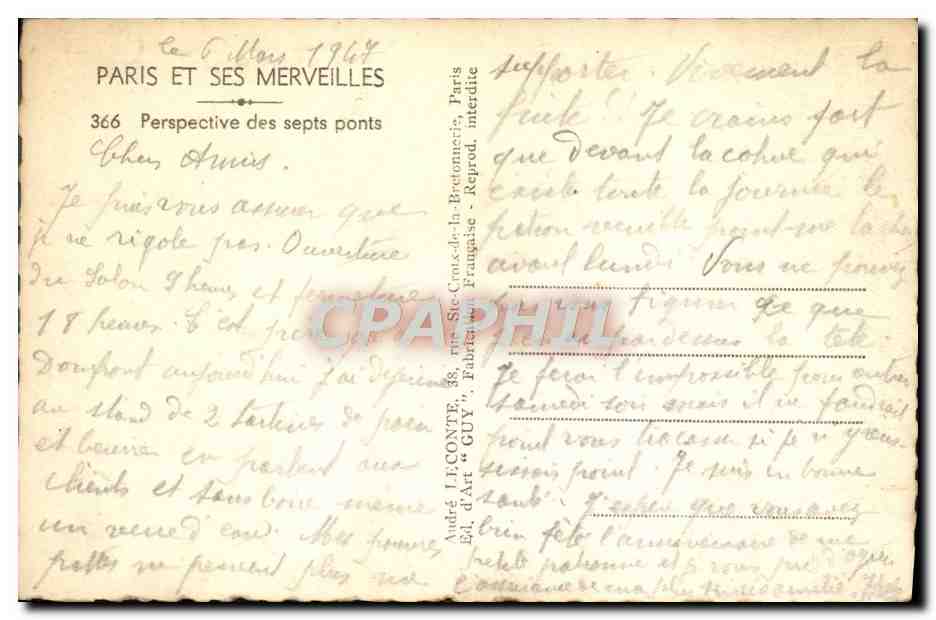 Paris et ses merveilles — Perspective des sept ponts — Éd. d'Art Guy, n° 366 — Reverso