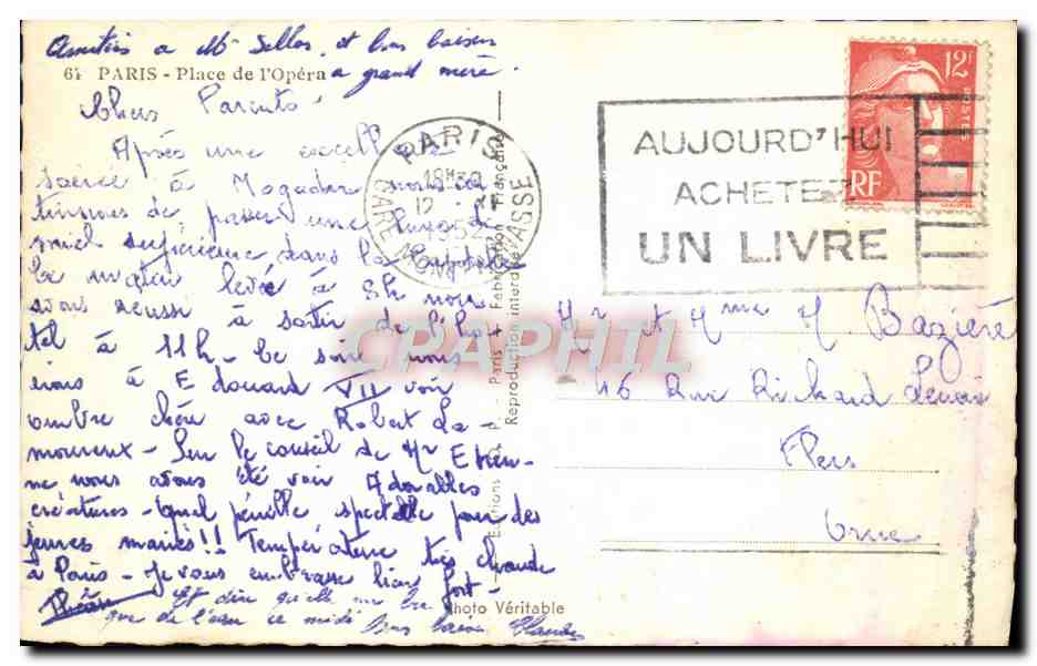 CPA Paris Place de I'Opera — Verso