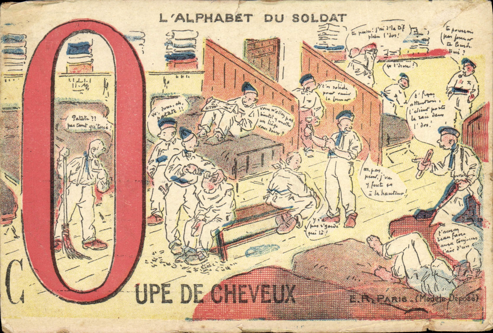 CPA L'Alphabet Du Soldat Lettre O Coupe de cheveux Coiffeur