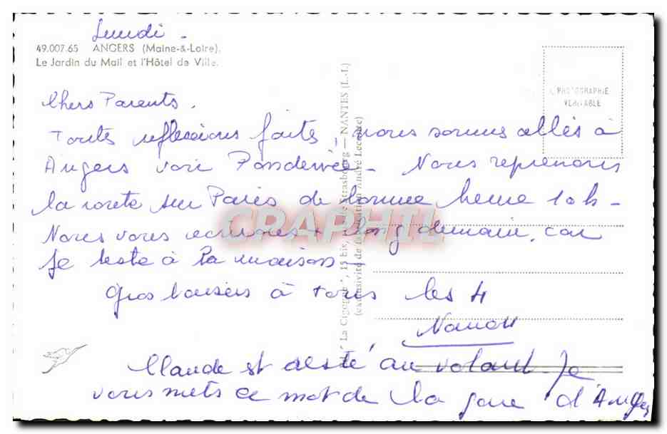 CPM Angers Le Jardin du Mail et I'Hotel de Ville — Rückseite
