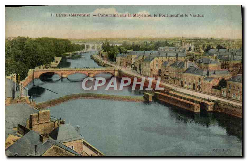 Lavai (Mayenne) — Panorama sur la Mayenne, le Pont neuf et le Viaduc — Coull A. B.