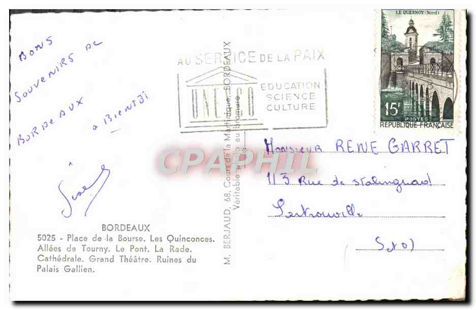 CPM Bordeaux Place de la Bourse Les Quinconces Allees de Tourny Le pont La rade Cathedrale  — Verso