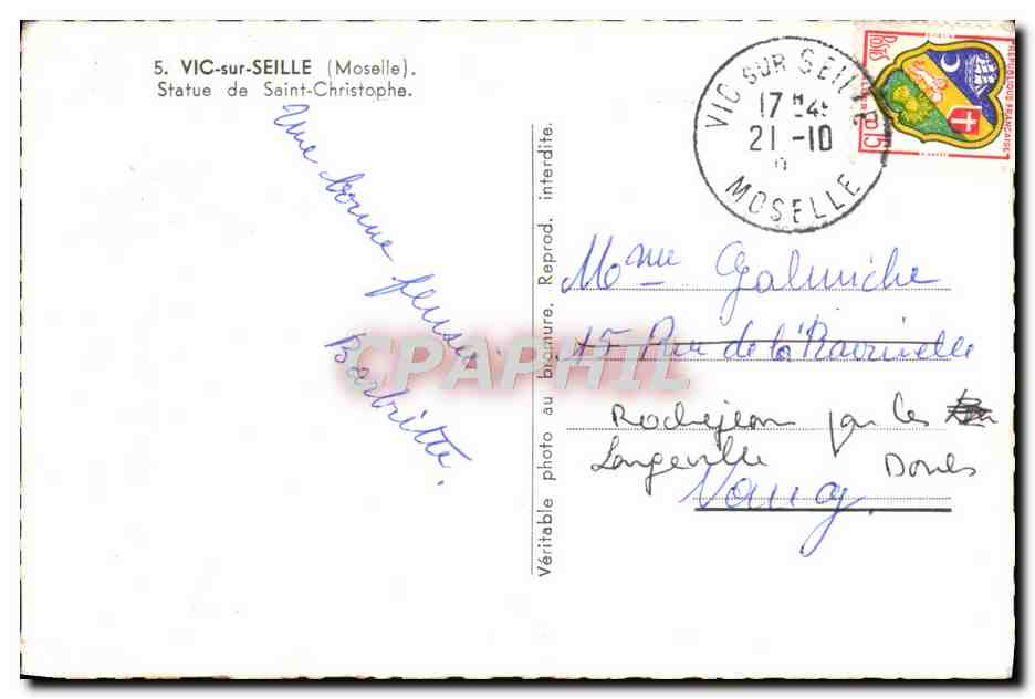 CPM Vic sur Seille Statue de Saint Christophe — Back