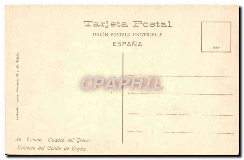 CPA Toledo Cuadro Del Greco Entierro Del Conde De Orgaz — Verso