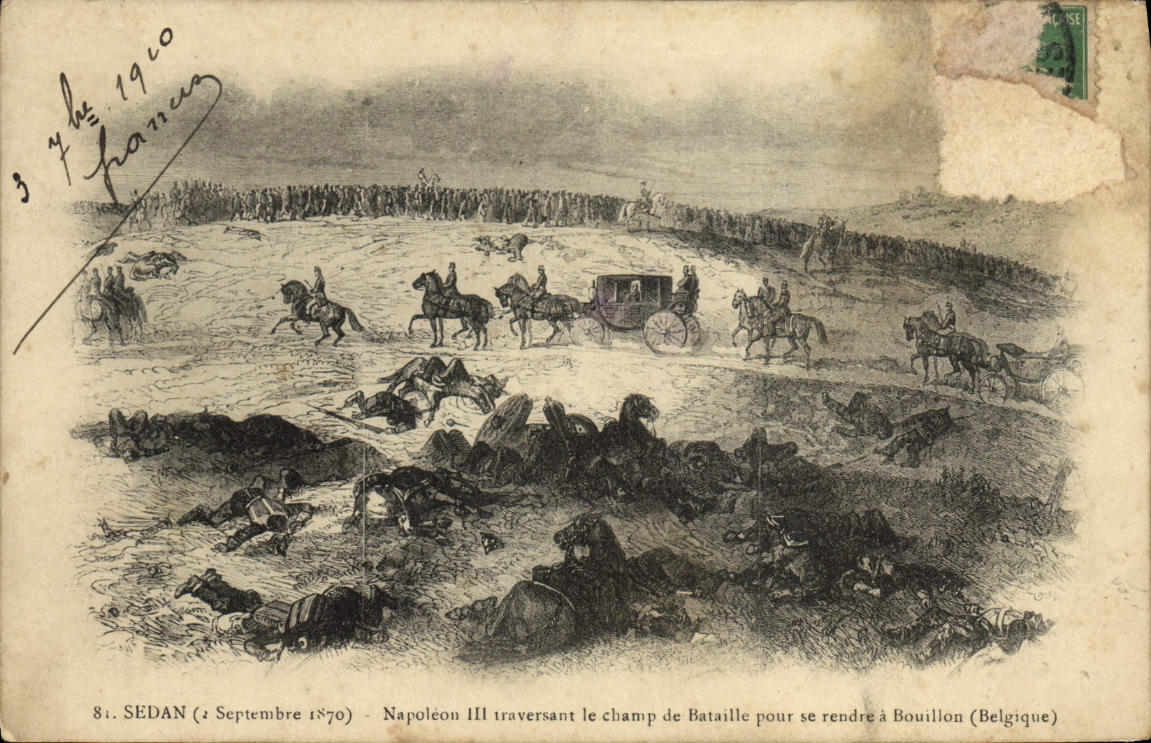 Sedan (2 Septembre 1870) — Napoléon III traversant le champ de Bataille pour se rendre à Bouillon (Belgique) — éditeur non visible