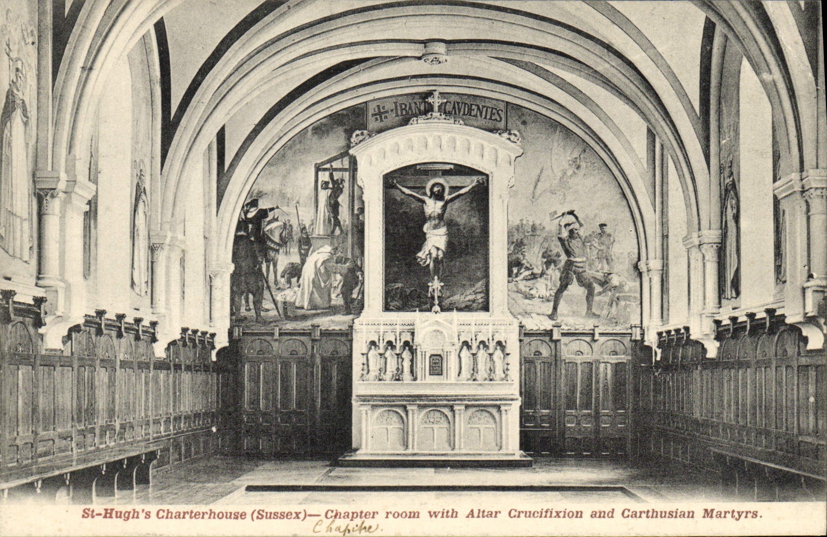 CPA St Hugh's Charterhouse Sussex Chapter room with Altar Crucifixion and Carthusian Martyrs