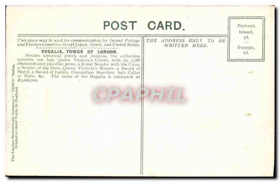 CPA Regalia Tower Of London — Verso