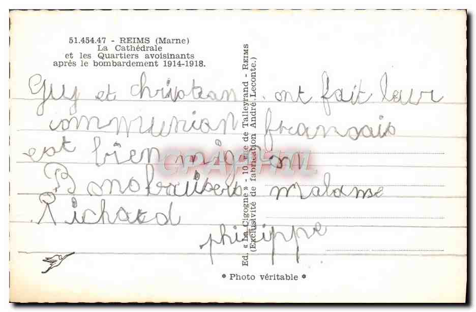 Reims — Cathédrale et quartiers après le bombardement 1914-1918 — La Cigogne — Verso