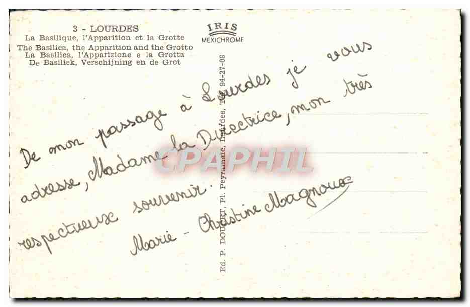 CPM Lourdes La basilique L'apparition et la grotte — Verso