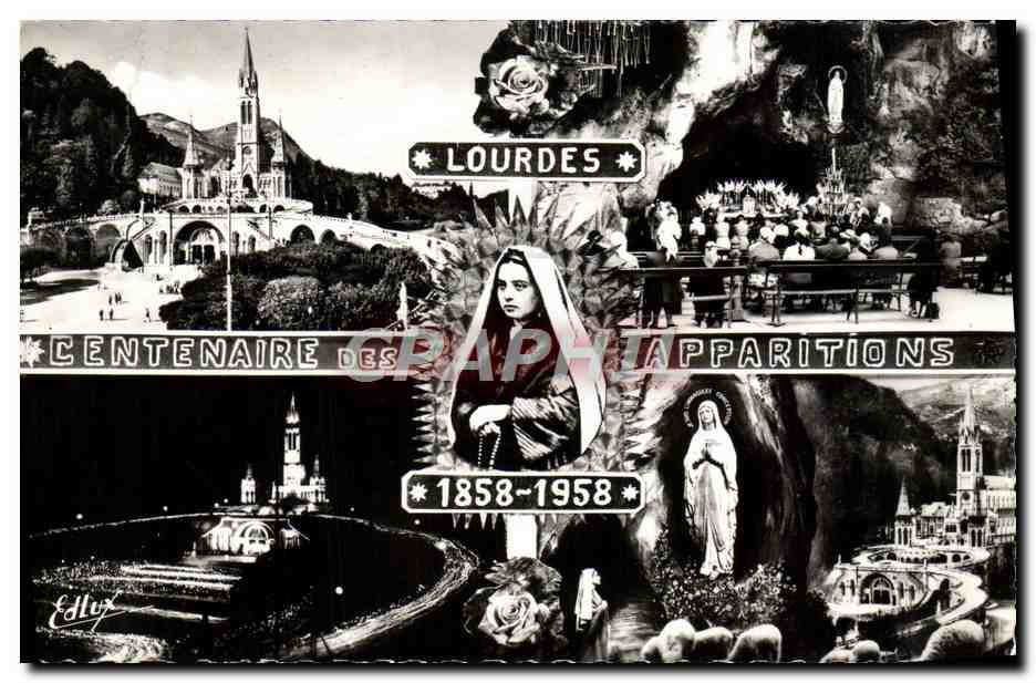 CPM Lourdes La Basilique la Grotte La procession aux flambeaux L'apparition Sainte Bernadette