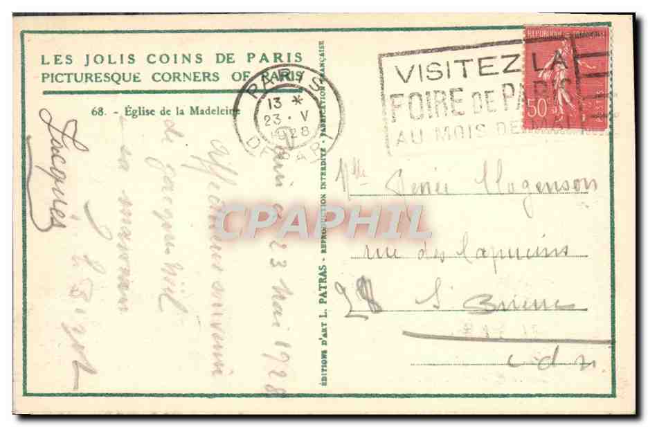 CPA Les Jolis Coins De Paris Eglise de la Madeleine — Verso