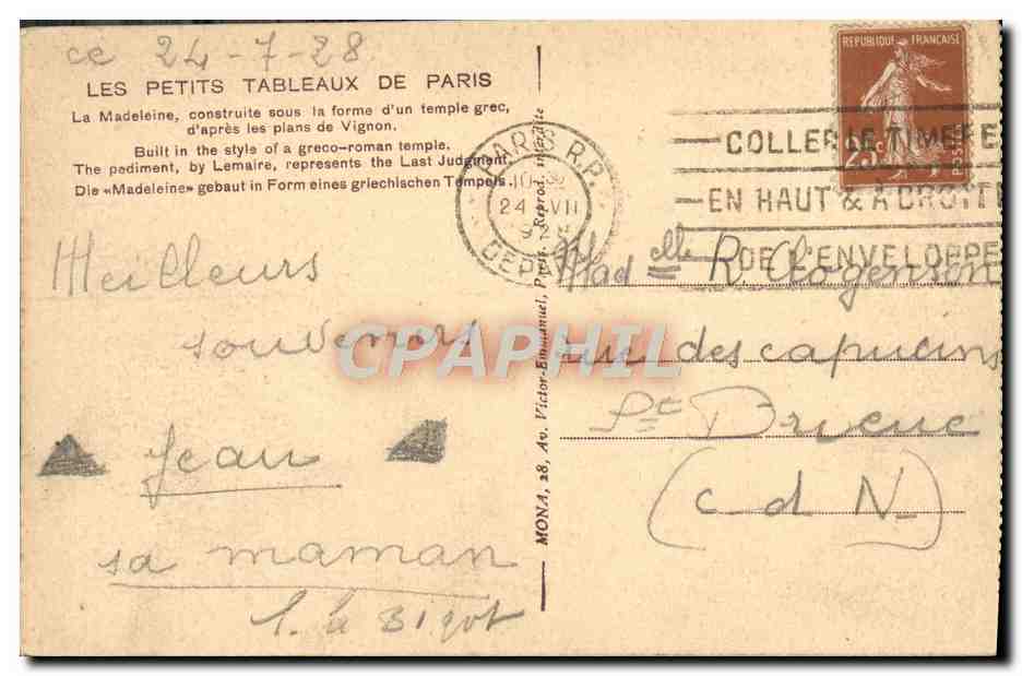 CPA Les Jolis Coins De Paris La Madeleine — Rückseite