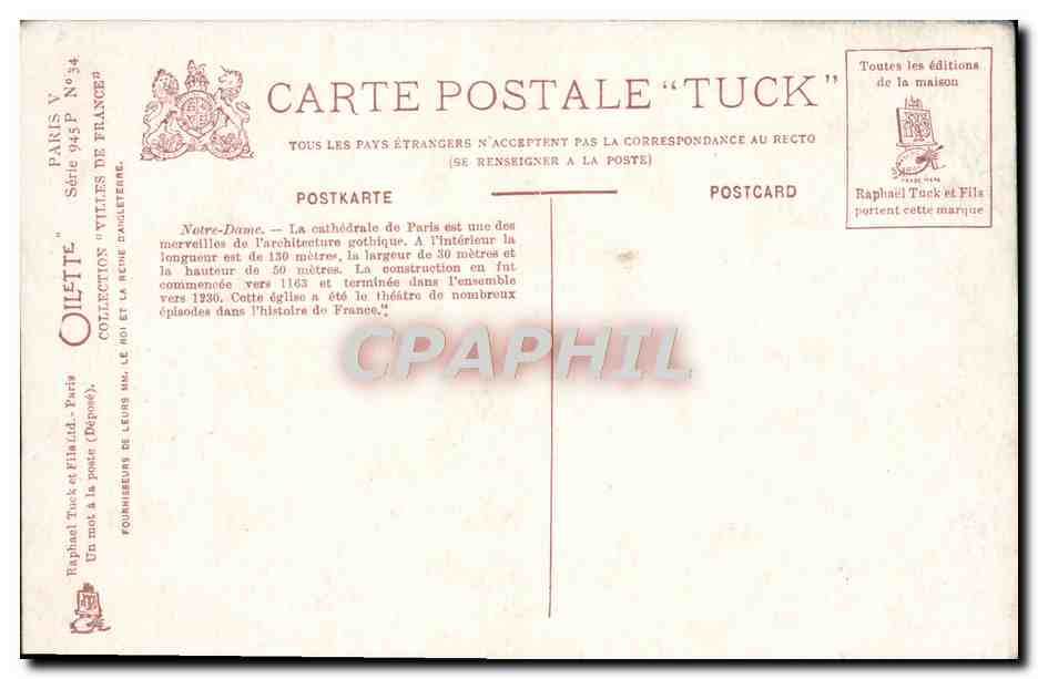 CPA Paris Notre Dame La Nuit — Verso