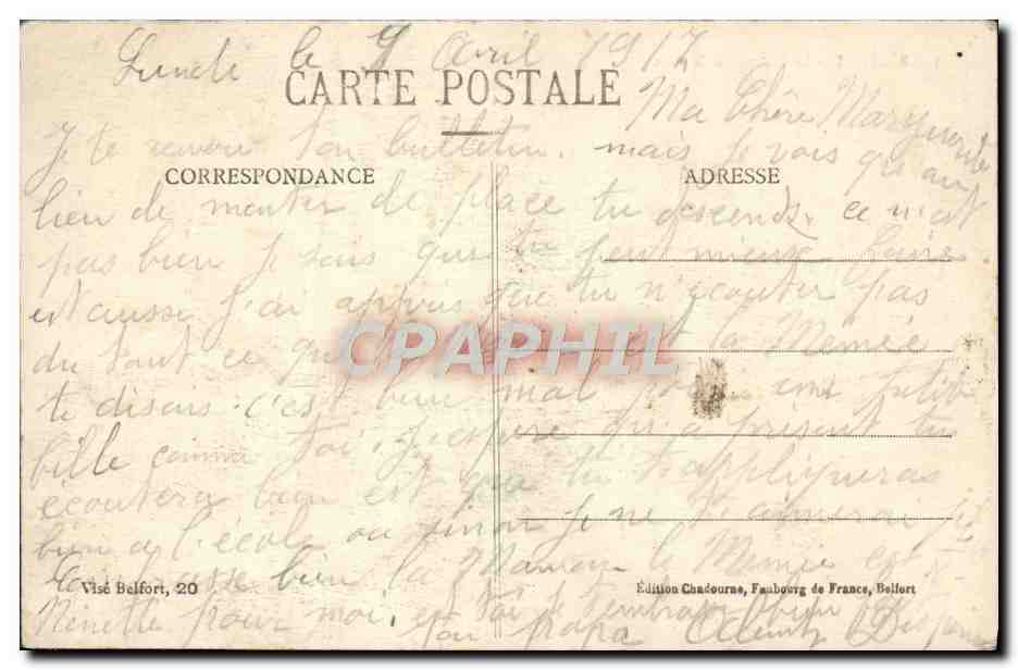 CPA Belfort Le Chateau et le Lion — Verso