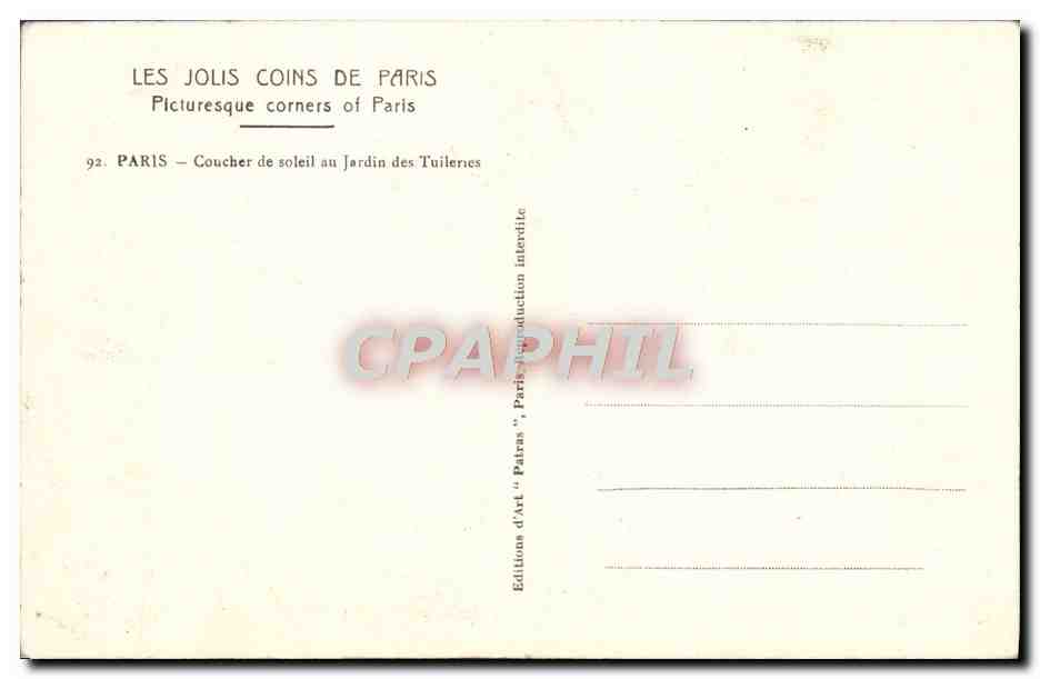 CPA Paris Coucher de soleil au jardin des Tuileries — Verso