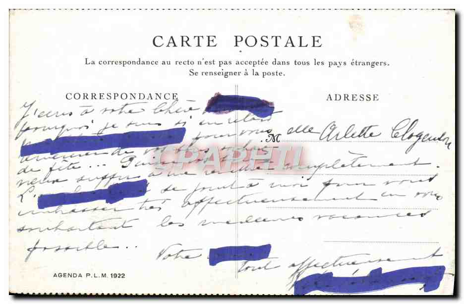 Palacio de Fontainebleau — Servicios de autobuses P.L.M. en el bosque — Agenda P.L.M. 1922 — Reverso