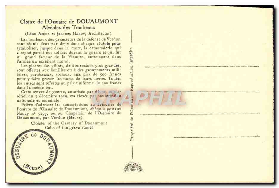 CPA Cloitre de l'Ossuaire de Douaumont Alveoles des Tombeaux Militaria — Rückseite
